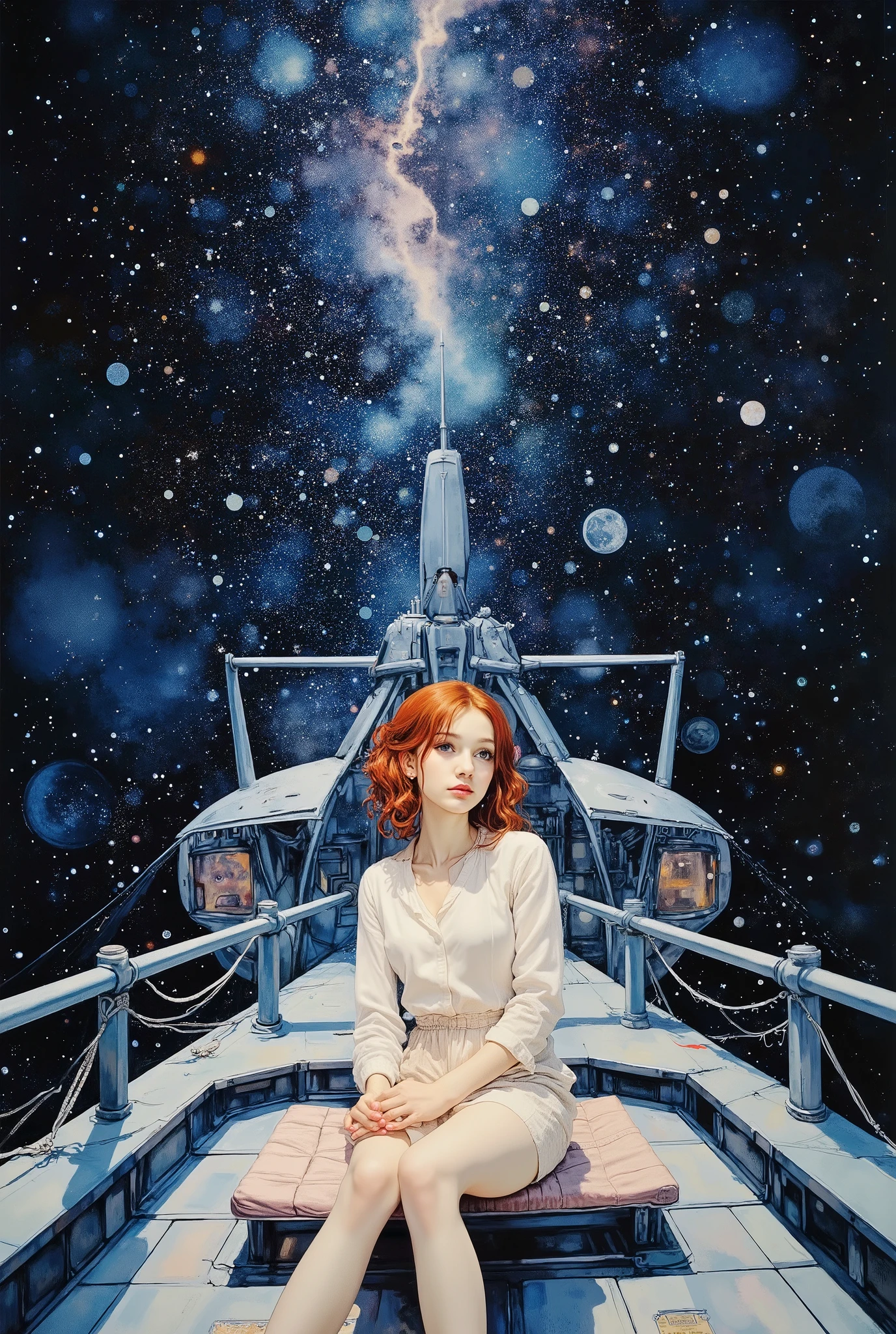 (Picture of a girl sitting in a helicopter on a space battleship、Dark universe 、船のヘリに座って上を見るGirl Drawingに, beautiful girl,), outer space where stellar light shines brightly、shadow、陰shadowが濃い、Earth and space background、digital painting, elegant , Oil Enamel, 赤い髪のGirl Drawingに , high quality digital painting, elegant digital painting, Cute portrait, Girl Drawing, beautiful painting with fox ears ,digital art oil painting、 Correct finger description、