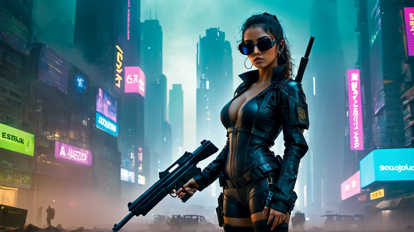 masterpiece, best quality, high resolution, 8k, (Portrait Photos:1.5), (R Original Photo), real picture, Digital Photography, (A fusion of cyberpunk and fantasy), 20 year old girl, solo, (((black sunglasses, headphone))), Feel free to hairstyle, Purple Eyes, By Bangs, (large breasts, cleavage, Accessories, Elegant and charming, Combination of cyberpunk and fantasy style clothing, Hollow carving design, Photo poses, Realistic style, (((((((pistol shooting pose))))))), oc render reflection texture, sentry, (((((aerial view of Cyberpunk style future city, 1 giant (((Chinese Terracotta Warrior))) sculpture))))), night, Bustling streets, (((((half-body (thigh level) medium shot))))).