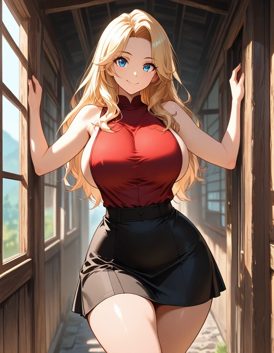 ((masterpiece,Highest quality:1.3,best quality illustration)),cowboy shot,1woman,(Mature Beauty),Female Swordsman、((very small head:1.4)),((ideal ratio body proportions:1.3)),blonde hair,long hair,bangs,gorgeous eyes,Blue eyes,smile,(Red turtleneck knitwear、navel、Red pleated mini skirt),(slender body,skinny),medium breasts,gleaming skin,shiny skin,Medieval European Castles、Sword and sorcery fantasy world、