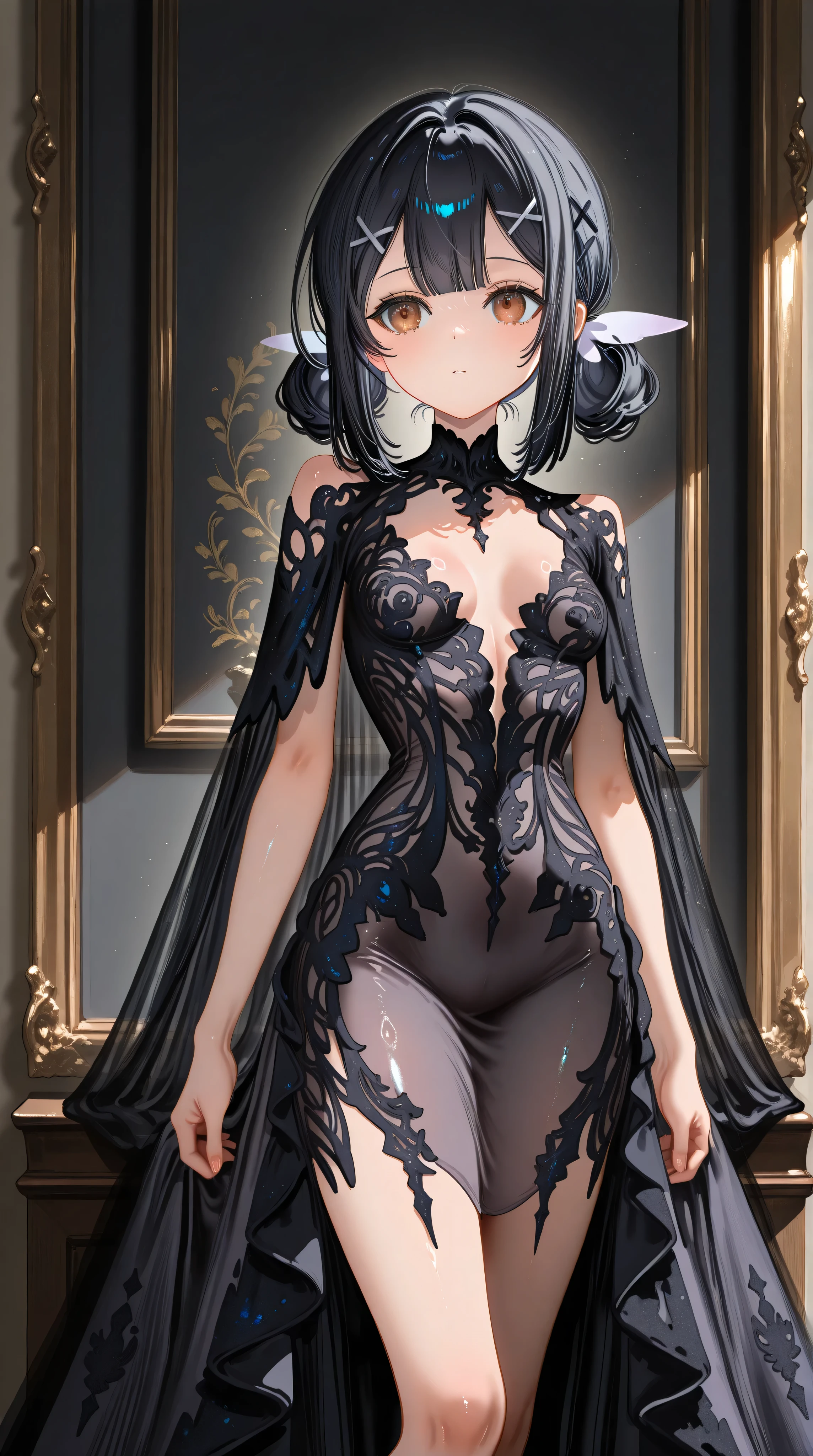 1girl,Miyu Edelfelt,solo,brown eyes,black hair,x hair ornament,small breasts,chronopattern dress,slim legs,masterpiece,best quality,newest,highres,absurdres,very awa,shiny skin,(artist:loika:0.5),(artist:xiaoshou xiansheng:0.8),artist:rin31153336,artist:gawako,