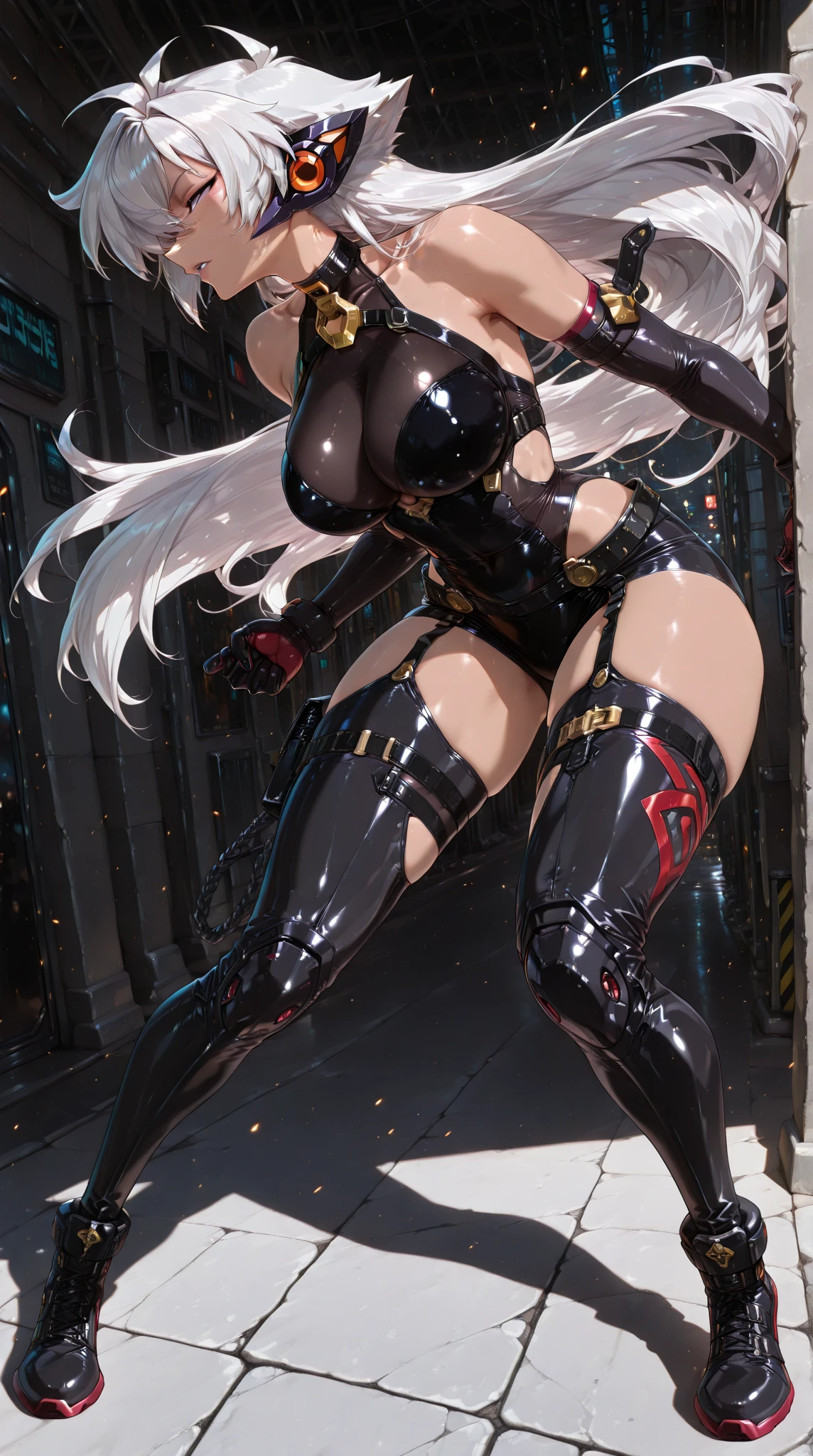 (Hyperrealistic: 1.3), athletic European goth woman, white woman, full body, (biochemanical:1.3), wet exposed skin, exposed abs, masterpiece, (dark: 1.3), darkness, low light, night, cinematic lighting, fil noir, highest quality, sexy woman, (high tech cyborg:1.2), (enormous perky detailed breasts), feminine, symmetrical, highly detailed, gigapixel, fit, (sharp body), detailed body, on focus, gorgeous face, (black eye makeup), (black lipstick), (black hair in dreadlocks), (Simon Bisley), (2000 a.d.), (ABC warriors), (Joe pineapples), ridged, grim, grim-dark, absolute cleavage, showing a delicate slim figure and graceful curves, (beautiful slim long legs:1.3), (detailed eyes, beautiful eyes:1.2),