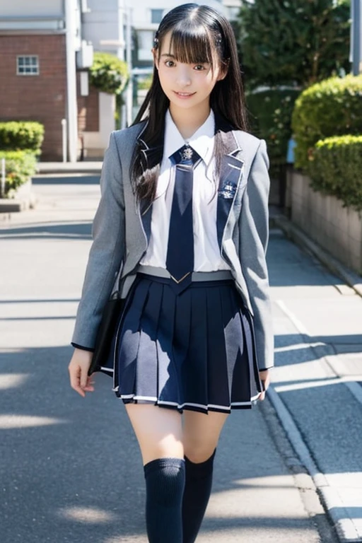 Mix 4, (16k, RAW Photos, Best image quality, masterpiece: 1.45), (Realistic, Photorealistic: 1.37), One Girl,Big smile ,16 years old,Duck mouth, Cityscape,, Professional Lighting, Photon Mapping, School classroom, Physically Based Rendering, Dark brown hair,Ponytail hairstyle, Beautifully groomed eyes、((double eyelid))、Super cute girl, (((school uniform、blazer、Long-sleeved shirts worn by Japanese high school girls、Ribbon tie、Navy blue super super mini skirt,、Dark blue socks、Black Loafers))), Highest quality photos, High resolution, 1080p, (Clear Face), (Detailed facial depiction), (Detailed description of the hand), (masterpiece), (Detailed CG)、Extreme light and shadow、Messy Hair、masterpiece、Rich details、(Detailed facial features)、(Top quality photoassessed muscle parts)、(Detailed eyes)、Look in front of you、Thin clavicle、((Thin and large))、(((Japanese high school girls wear long-sleeved shirts)))、((A proper idol))、((school gate、Schoolyard、School building in the background))、(Take photos from random perspectives)、(((Anyway it is's cute)))、Earrings、Big smile、Drawing the whole body from the knees、Don't draw thin lines、(((Sports bags used by Japanese female students)))、(Small breasts:1.2)、Firm little ass、Two arms and two legs、(((from the front:0.7)))、bare hands、(((Symmetrical eyes)))、Standing pose、Place your hands on the desk、Please do not remove the tie from the jacket、Beautiful thighs,Knee-high tights,A young and cute gravure idol,