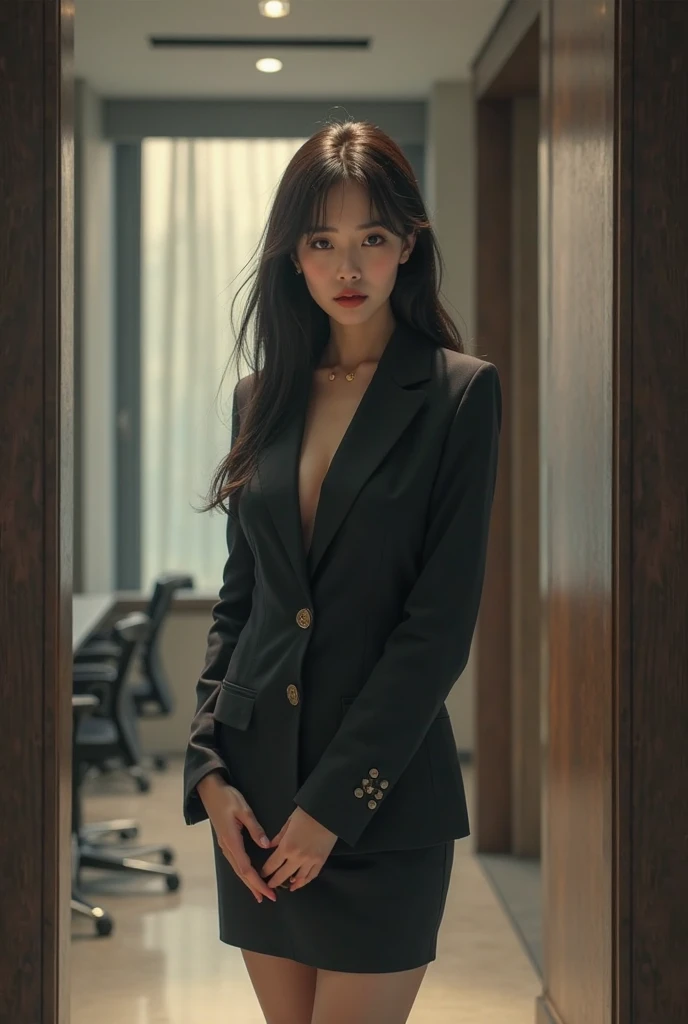absurdres, RAW photo, extremely delicate and beautiful, masterpiece, Best Quality, ultra high resolution, 32k, hyperrealistic, ultra-detailed, delicate facial features, beautiful detailed woman, tearful mole, earring, medium breasts, ((full body shot)), medium hair, black hair, office lady suit, blazer,