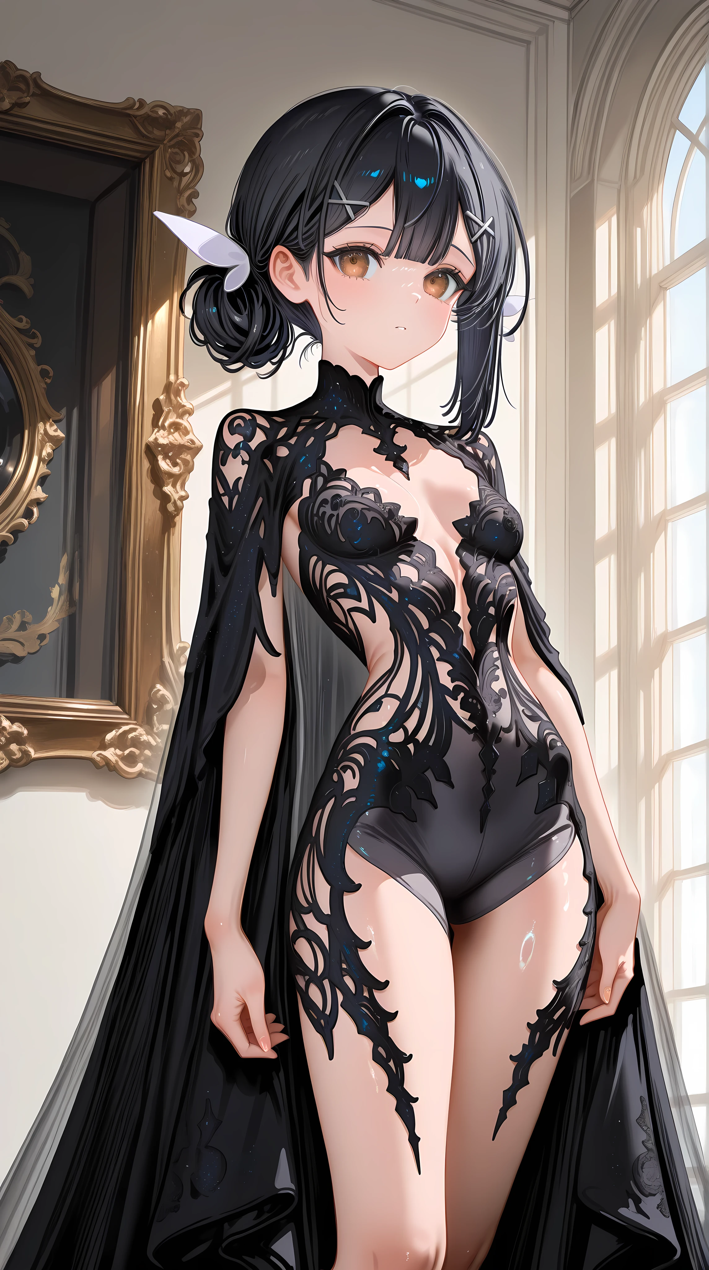 8K portrait of a young girl,in white transparent underwear,Naked of breast,a flat chest,Transparent fabric,ellegance,highly detailed,A majestic,Digital photography,Half Dress,Crotch,big breasts beautiful(tmasterpiece,Sideslit,Fine beautiful eyes:1.2),nakeness,Expose the genitals,Look up from the crotch