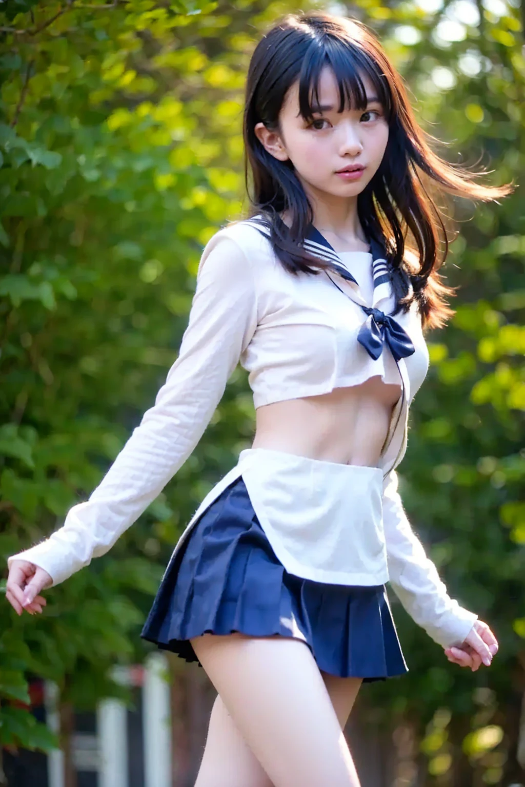 Highest quality, RAW Photos, Realistic, face, Incredibly beautiful girl, cute, Long Hair, Written boundary depth, High resolution, 超detailed, detailed, Very detaileded, extremely detaileded eye and face, Sharp pupils, Realistic students, Sharp focus, Cinema Lighting, flat breasts, small breasts, small,( small bust: 1.2), small bust, (slim, small, flat, small), thin, Delicate and sexy collarbone, (Sailor suit:1.2), (Lifting Sailor suit to show off a small white bra:1.5)))、Pussy Line