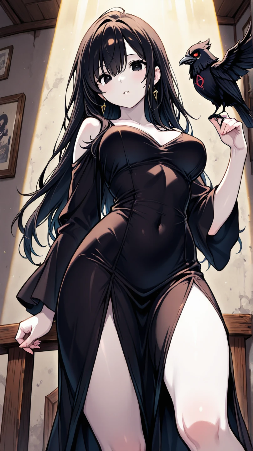 Full body illustration of a girl with very large breasts。Hime cut with long black hair、She has straight bangs and blue eyes.。She is wearing a black Gothic Lolita dress、Very long black rabbit ears hanging down at each side。The breasts are very large。