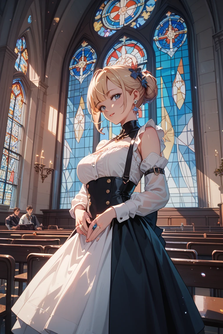 Blonde, A magnificent church,tears, masterpiece, Chignon,One person, Highest quality, Large Breasts, crown, Sparkle Effect, Soft Light,