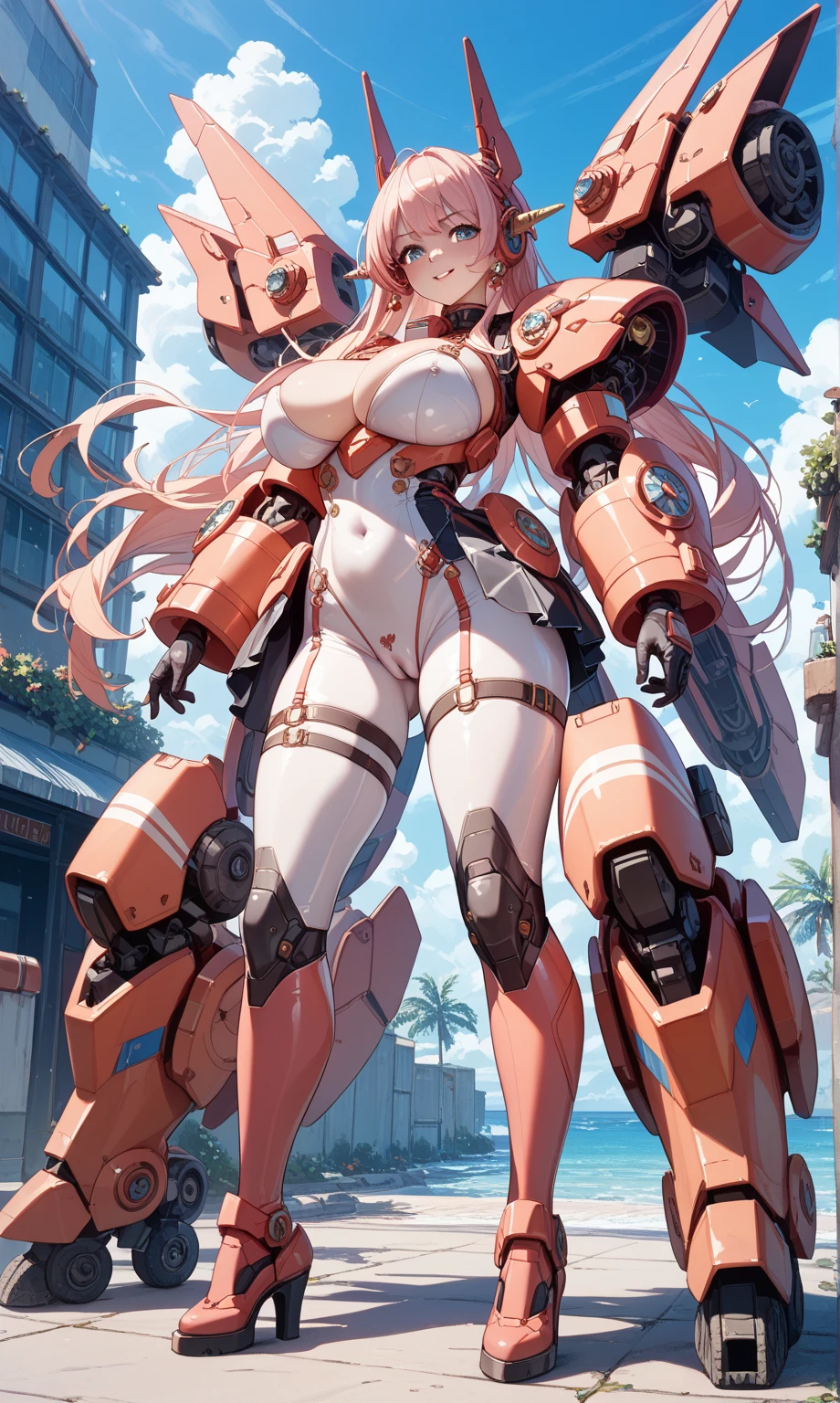 Very beautiful girl, 1, Exposed, Slingshot swimsuit style, red and black boots, High leg, micro, Beautiful Hair, Delicate face, Beautiful Skin, Tight waist, Very beautiful breasts, View here, Grin, Standing in front of a sophisticated bipedal robot
