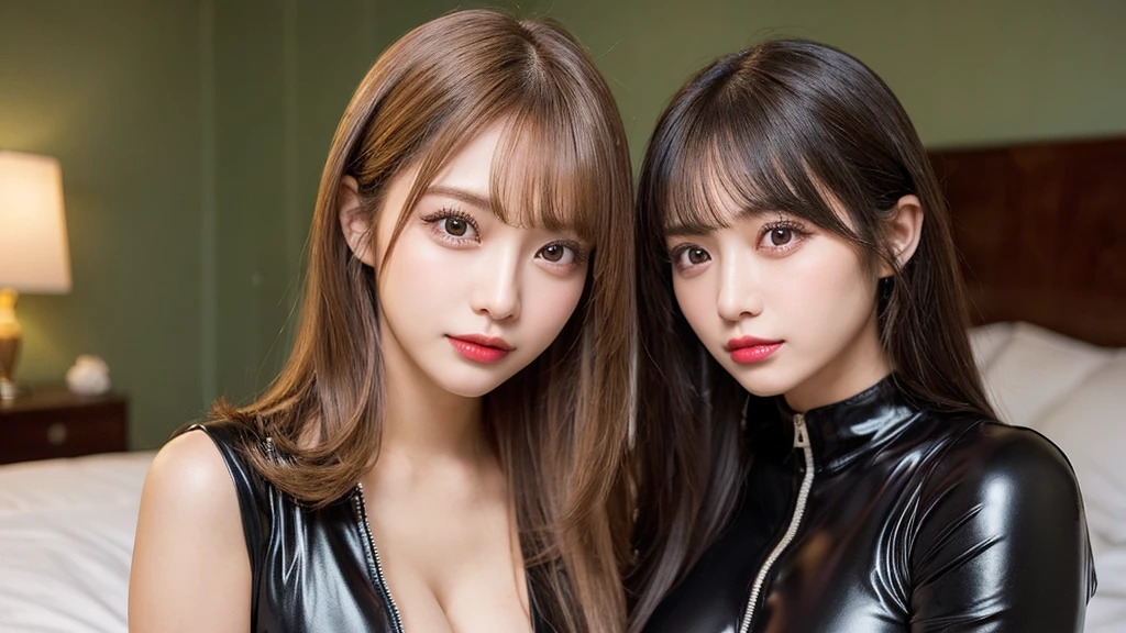 off shoulder, (twins womans) , deep cleavage, long hair, bikini style, wrapped in dirty rags , black shirt, red haired , big boob, absurd, beautiful face , beautiful eyes, perfext body. Full body shoot , sitting , happy , squirt , indonesian