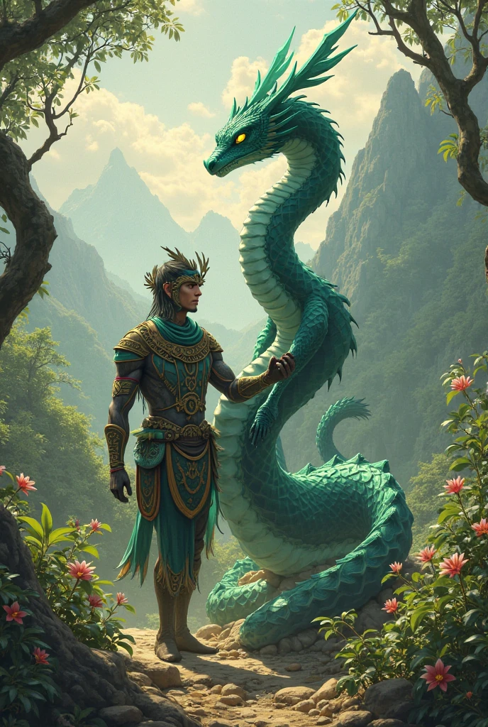 Masterpiece, best quality, {best quality}, {{masterpiece}}, {highres}, anime, 1boy, adult man, Quetzalcoatl, Kukulkan, Serpent God, dragon, serpent, flying feathers, plumage, Aztec, gold, gold, thunder, thunder --auto --s2