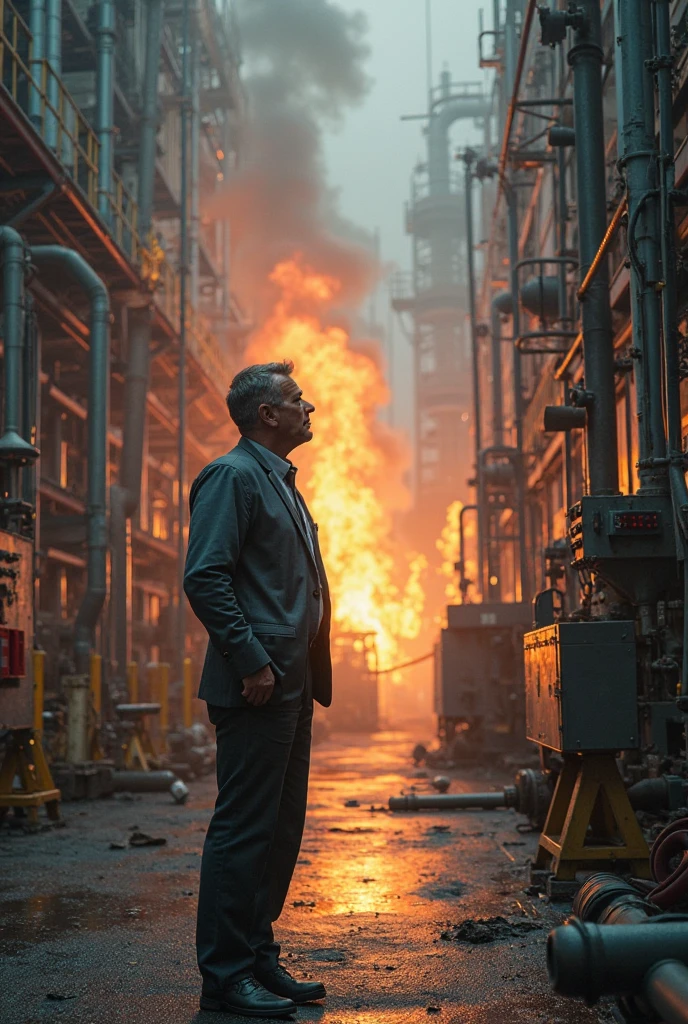 Create a highly realistic image of a pressure vessel after an explosion in a busy machine shop show the equipment without its side covers unrecognizable , full of trucks undergoing maintenance. Include detailed visuals of the explosion with debris flying around.
 The owner of the workshop is pictured with his hands on his head, witnessing the chaotic consequences. The setting is a truck mechanic workshop , capturing the intensity and danger of the situation
