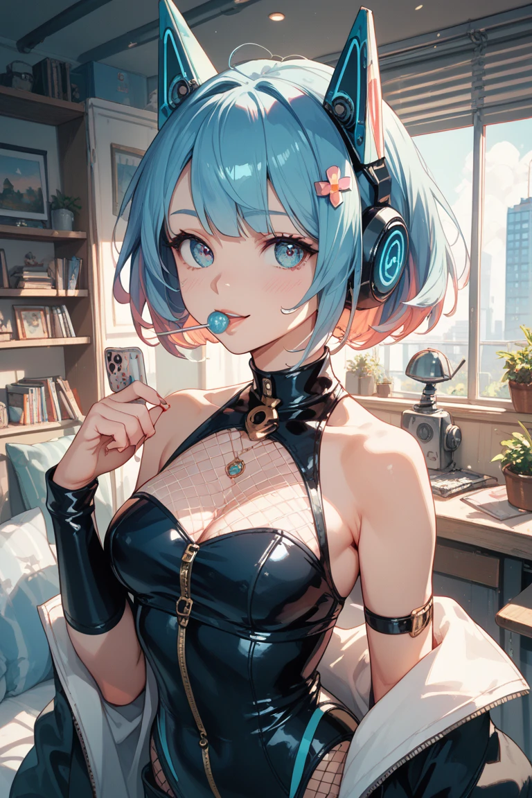 rainbow hair, ponytail, hairclip, hair ribbon, hair bow, maid headdress, goggles, mole under eye, heart-shaped pupils, cat ear headphones, bored, nipple flashes under sheer bra