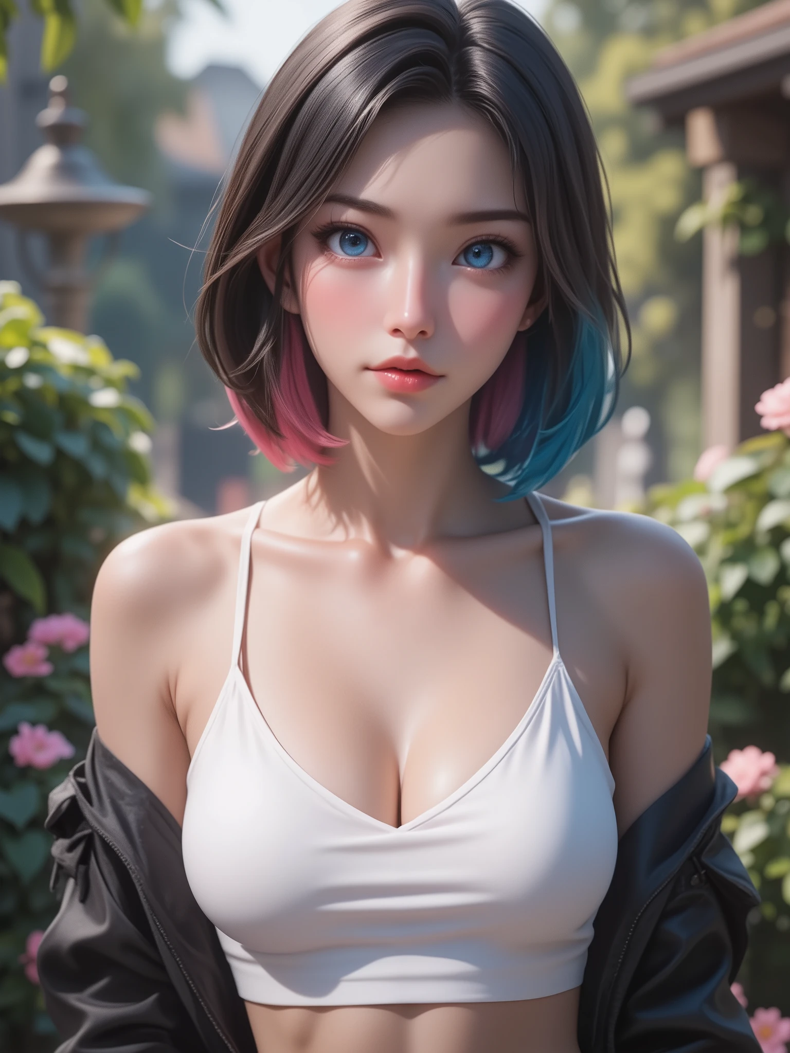 realisticlying，rainbow colored hair 28 year old girl，Ghanaians、Face Real，Wearing a white tank top 、Mouth slightly open 、Sit on the bed、Look straight up and look at us、Cleavage emphasis，Super huge enormously Gigantic saggy Breasts enlarged，Cleavage emphasis，(Super large zoom of chest)、no BRA、sexly