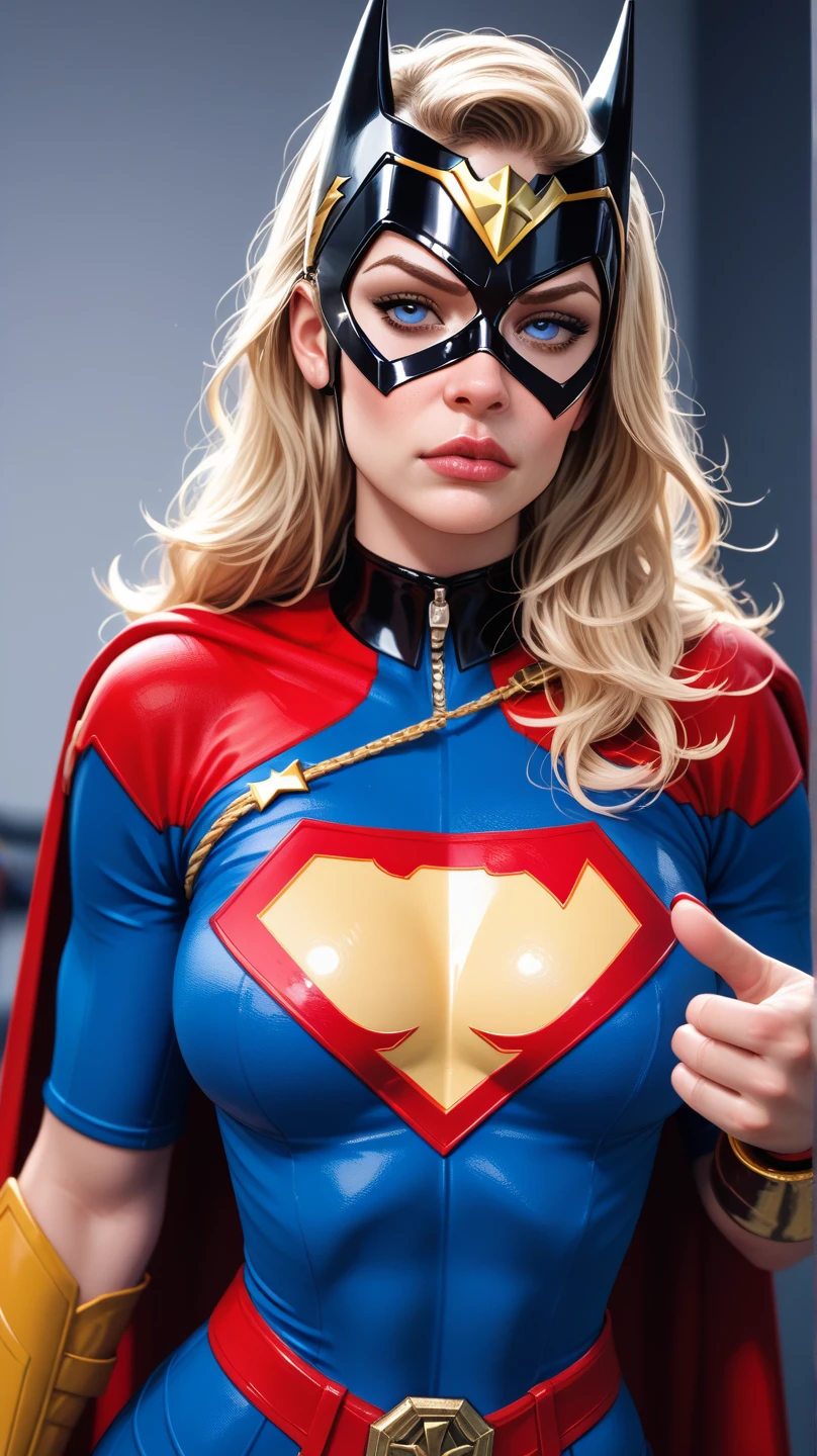 (cute girl :1.3),(gigantic boobs:1.3) ,(beautiful body:1.4),(blue leather suits :1.3),(all  red background:1.3),(blond  messy medium hair:1.5)