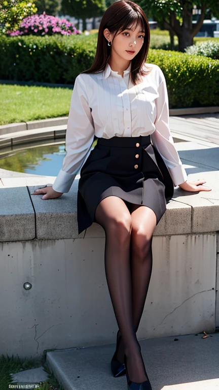 ((Highest quality)), ((8k)), ((masterpiece: 1.3)), (Perfect appearance), (Photorealism: 1.6), (KE), (JMA), (Genuine:1.4), １girl、Perfect Anatomy、60 years old、Medium Long Hair、Plaid vest、((Sitting on a bench:1.3))、(Ultra-realistic pantyhose:1.2), (High heels)、(Business services)、