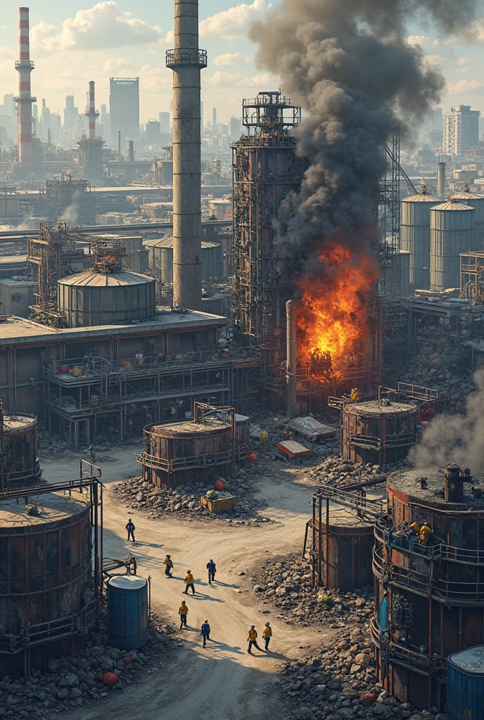 8k, RAW,natural skin,detailed skin,japanese girl,solo,cowboy shot, girl is a soldier from a special forces unit that came to destroy the factory, military uniform, rooftop, overlooking,near-future industrial city, panoramic view,factory night view, skyline, (Factories, pipes, smoke:1.3),(sparks, chimneys, electric lights, rusty walls:1.3),(outdoor),(a large oil refinery with a lot of tanks and pipes:1.3),(factory view at night),factory is burning due to an explosion,best quality,masterpiece,