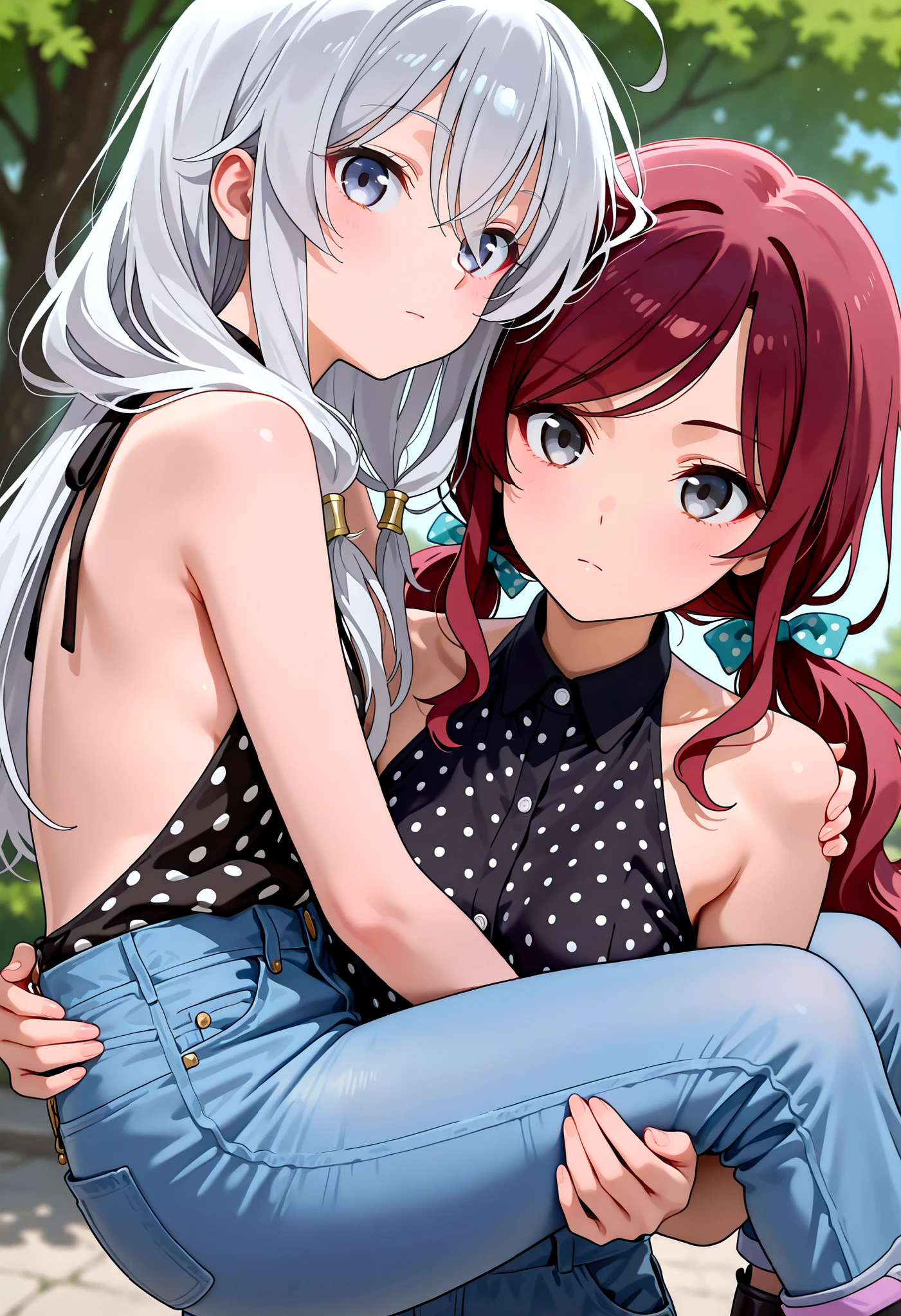 (masterpiece:1.2, Best Quality), (finely detailed beautiful eye: 1.2), (beautiful detailed face), close up, 2girls, carrying, piggyback carry, character: Elaina - (Majo no Tabitabi), character: sleeping, expressionless, backless sleeveless halter neck shirt, black shirt, polka dot shirt, baggy shirt, blue jeans, black combat boots, hair ribbons, polka dot ribbons, small breast, dark red hair, long low twin tails, long hair, hair ribbons,gray eyes, swept bangs, 