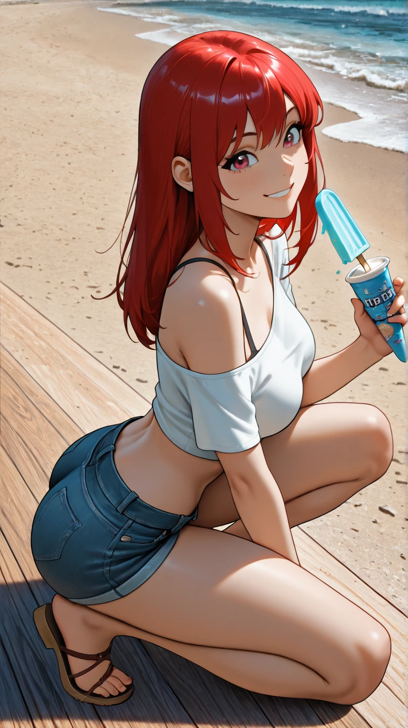 (sugerente: 1.3), (corruption), 1girl, (((ropa japonesa))), sosteniendo ((popsicle)) Melting, goteando, cabello rojo, ojos azules, rubor, parte superior del cuerpo, (ahegao: 1.1), (cara traviesa), 鎖骨, temblor, sudor, ((gota de sudor)), heart, skindentation, (loco: 1.3), (speed lines), sol, al aire libre