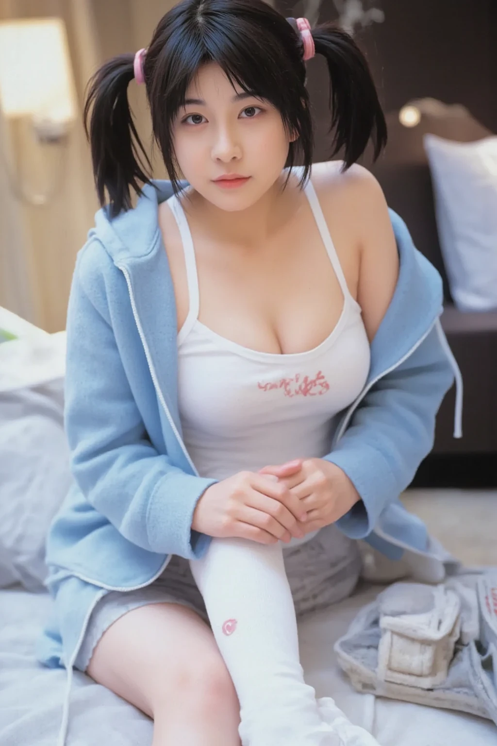 Navy Blue Hair、Brown eyes、Beauty、She has her bangs down、Short Hair、gorgeous、Long eyelashes、Big Eyes、Earrings、Sexy Lingerie、Fishnet tights、Wearing a hoodie、Cleavage、tits、Beautiful legs、Beautiful abs、Slimy skin、Oily skin、White skin、Light reflecting skin、Glossy finish、Realistic details、Perfect body