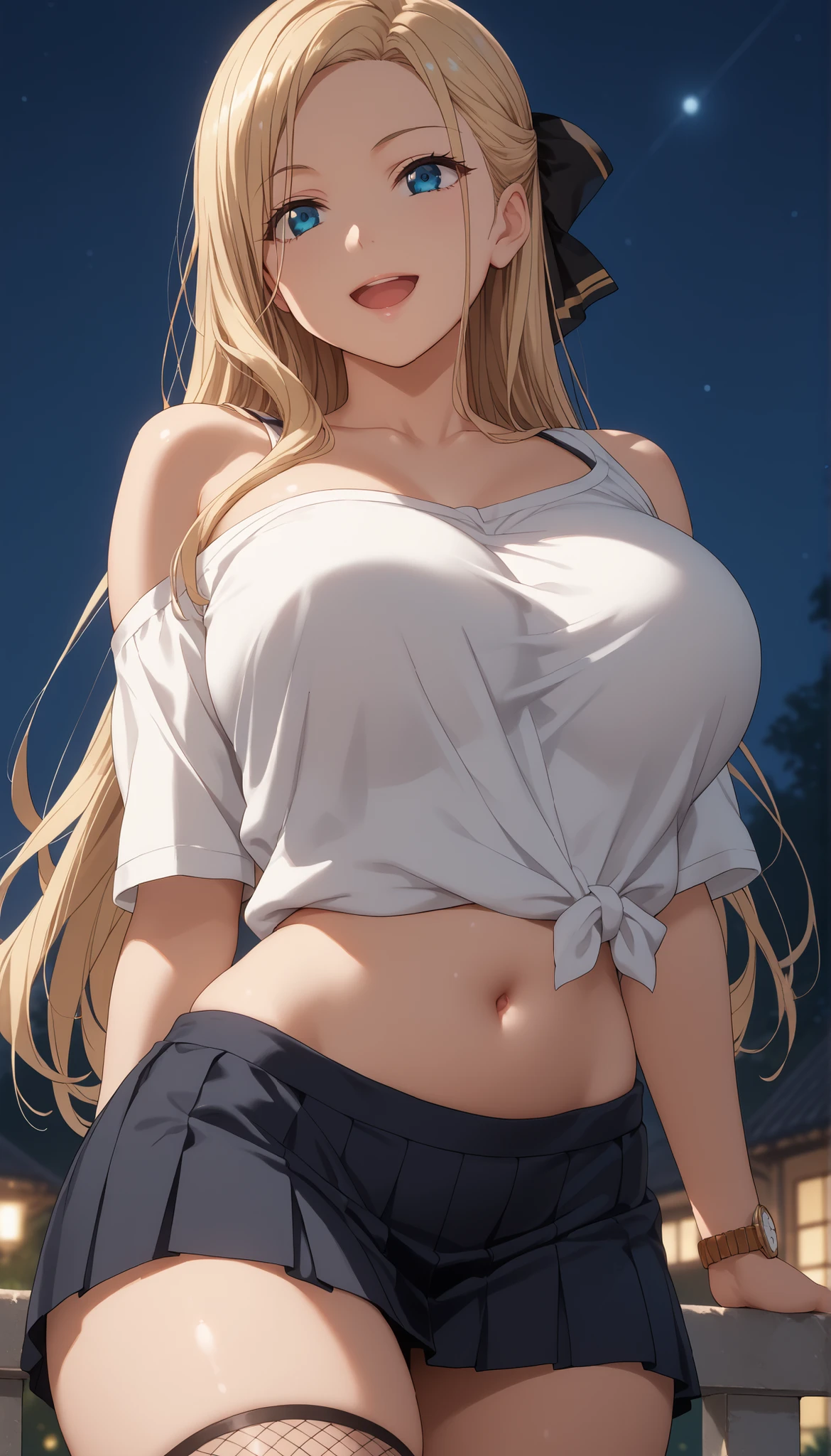 Kurashiki Reina ,
最high quality, masterpiece, Very well detailed, high quality, high definition, girl, age, Gold, long hair, hair bow, blue eyes, beautiful, beautiful and perfect face, smile, open your mouth, naughty, Watch Viewers, belly buttonピアス, LONG NECKLINE, clavicle, Bare shoulders, exposed legs, big breasts, belly button, big butt, curved body, throw, close-up, from front, In the portrait array, All Night , uniform, Short Skirt, thighs, loose shirt, frame, black fishnet stockings