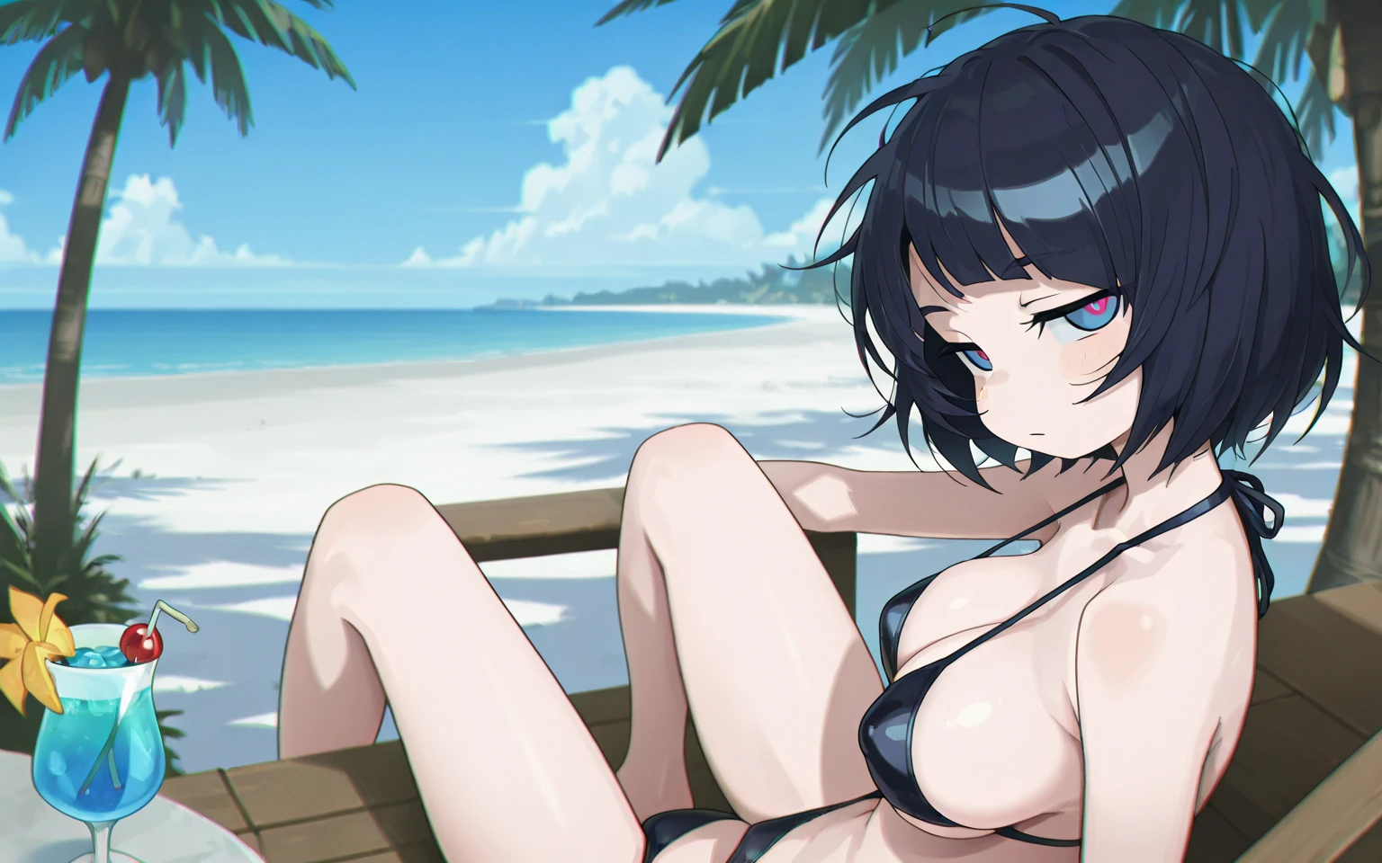 human, ((1girls)), 27 years old, beautiful, Short Hair, black hair, black eyes, black Bikini very medium , L cup breasts, ((white skin)), 1m75, deserted, ((Takeda Hiromitsu style)), on the beach, raped, no bikini underwear, thick cock, vaginal cum, cum After, Pov missionary,