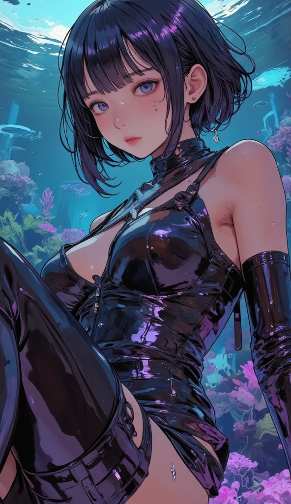 Submarine Cities, Dome, Atlanis, SciFi city, ((voluptuos girl)), high twintails, cuties, slutty, kinky, short twintails, short hair, retro punk sexy style. marine animals, lensflare, ligth particle, laser beams, reflex, high color contrast, hot thong, (((fleshie tigths))), quamtum bubbles, ((skindentation)), (((vibrant colors))) (((fleshie pubis))) (((haired pubis peeking out)))