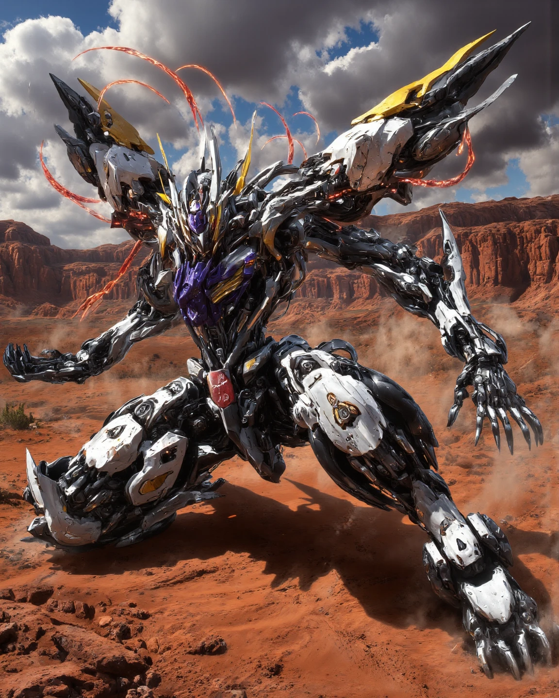 Hyperrealism, photographic, of an action scene with a dynamic angle shot, using Mech01, mecha, SCI_FACTOR_CORE. Gundam_Barbatos, B4RBAT0S, on a Martian battlefield, red sand, red canyons. Mobile Suit Barbatos is collecting energy for a final attack, lots of particle effects flowing into the torso of the mobile suit. On knees, arms open in a power pose. 
