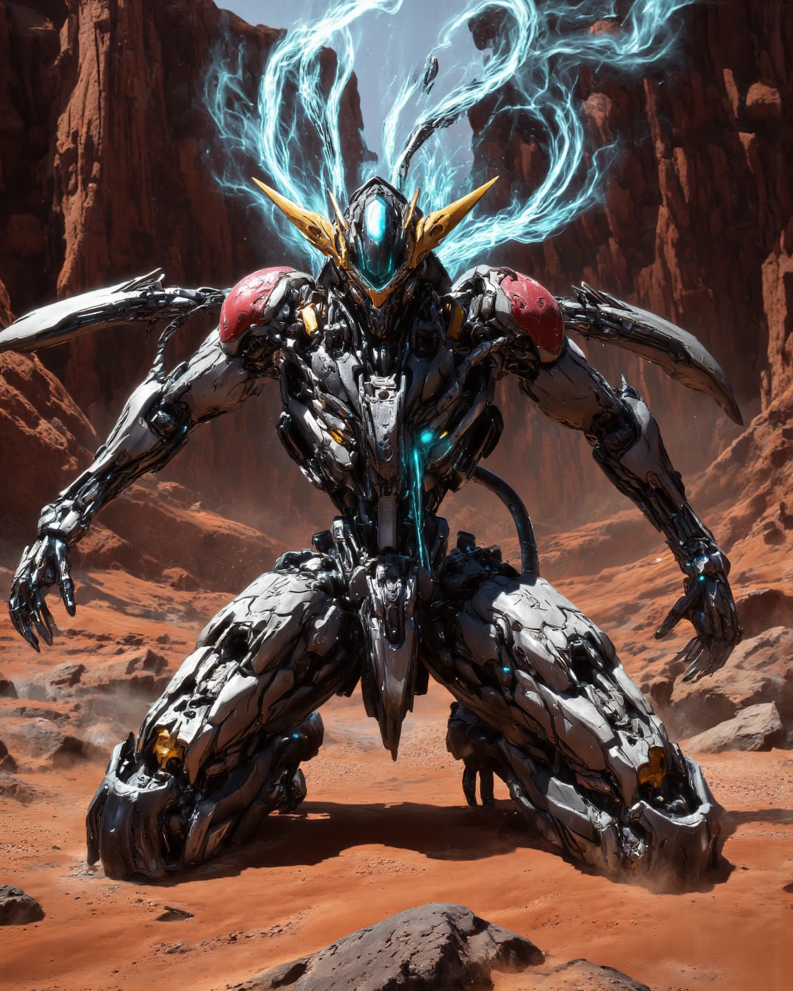 Hyperrealism, photographic, of an action scene with a dynamic angle shot, using Mech01, mecha, SCI_FACTOR_CORE. Gundam_Barbatos, B4RBAT0S, on a Martian battlefield, red sand, red canyons. Mobile Suit Barbatos is collecting energy for a final attack, lots of particle effects flowing into the torso of the mobile suit. On knees, arms open in a power pose. 