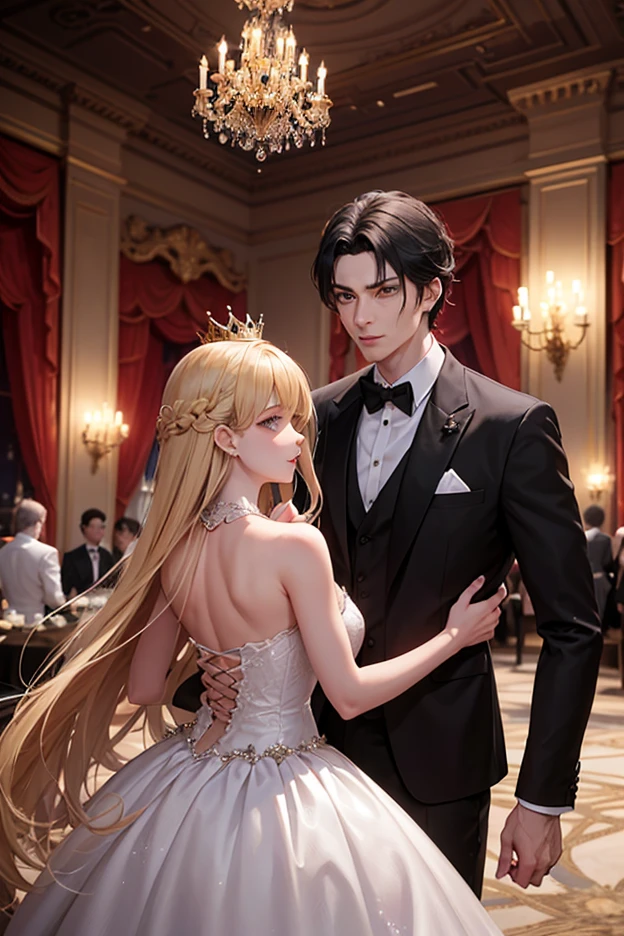 hero (noble girl):
hair: long, Blonde and straight, with some soft waves to give it an elegant look.
eyes: blue, big and shiny, showing emotion and tenderness.
outfit: A long and sophisticated light blue dress, with silver or gold details, and an elegant neckline.
Noble Boy:
hair: negro, well groomed, with a touch of sophistication.
eyes: red, intense and captivating.
outfit: A black formal suit with gold or silver details, a silk tie and a well-fitting jacket.
scene:
Location: An outdoor terrace at the mansion, decorated with soft lights and candles, and with a view of a garden illuminated under the stars.
mesa: Elegant dinner table with a white tablecloth, fine porcelain plates, crystal glasses and candelabras. Fresh flower arrangements add a romantic touch.
action: The protagonist and the noble boy are sitting face to face, sharing an elegant meal. There is an atmosphere of intimacy and connection. while they talk, The protagonist smiles shyly and the boy looks at her with admiration. Dinner is full of kind gestures, meaningful looks and soft laughter.