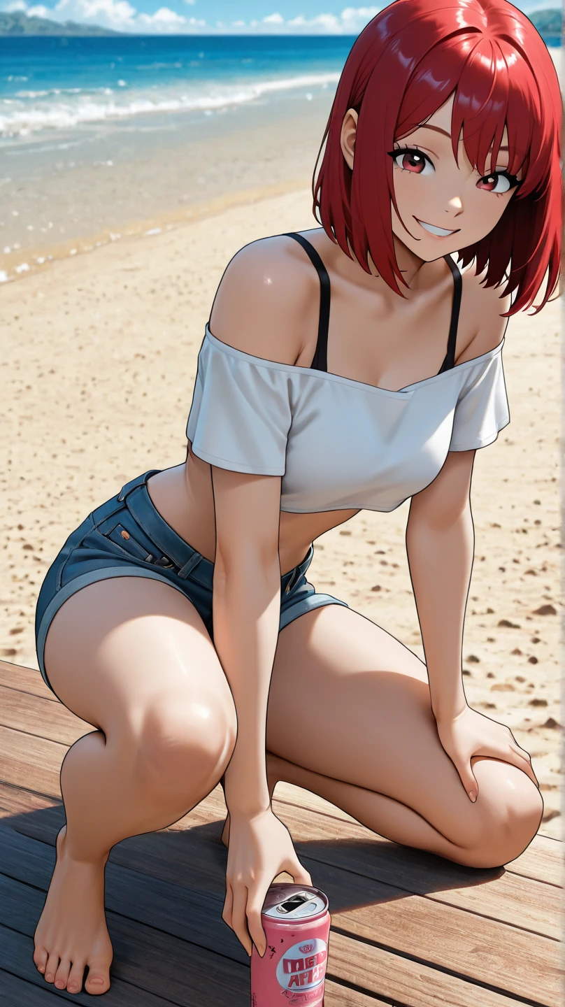 anime girl 26 years old white swimsuit navy blue denim pants urban landscape red hair brown eyes with cat on the shoulder and umbrella