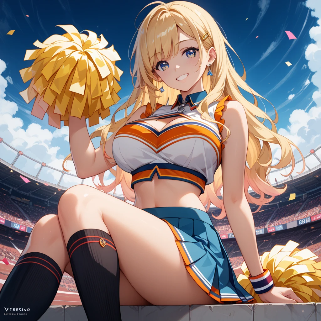 best quality,ultra-detailed,high resolution,extremely detailed CG,perfect anatomy,detailed,cinematic lighting,beautiful detailed eyes,ultra high res,(1Women:1.5),(1:1.4),(milf:1.6),milf,gleaming skin,oil skin,skindantation,sweat,humid,clothed,curvy,(sweat:1.2),nsfw,nose blush,cowboy shot,Glowing Skin,Beautiful Hair,looking at viewer,Smile,little open mouth,ereshkigal, ereshkigal \(fate\), long hair, blonde hair, very long hair, two side up, tiara, (red eyes:1.3), ribbon, hair ribbon, red ribbon, (parted bangs:1.5),(cheerleader:1.1),mini skirt,baseball stadium,from below
