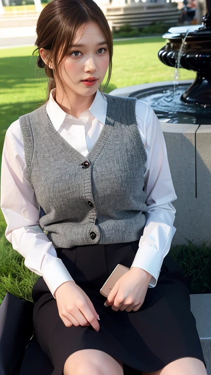 (masterpiece:1.2, highest quality), (realistic, photorealistic:1.4), beautiful illustrations, (natural side lighting, movie lighting), Depth of written boundary,
looking at the viewer, Front view, 1 girl, English, high school girl, 18 years old, perfect face, Cute symmetrical face, shiny skin, open legs,
(bob hair:1.7,blonde), asymmetrical bangs, Big eyes, droopy eyes, long eyelashes chest), thin,
beautiful hair, beautiful face, fine and beautiful eyes, beautiful clavicle, beautiful body, beautiful breasts, beautiful thighs, beautiful feet, beautiful fingers,
((fine fabric texture, brown knit vest, short sleeve white collar shirt, navy pleated skirt, Navy bow tie)),
(beautiful scenery), evening, (Inside the flower shop), Are standing, (smile, Upper grade, open your mouth), (((skirt lift, No panties, genitals visible))), full body shot, dark blue socks,