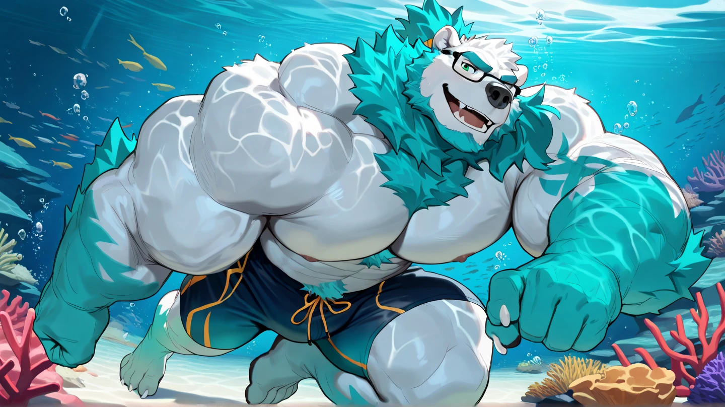 solo, 1boy, Huge Muscular White Polar Bear Dad wearing black sunglasses, huge white fur, pectoral, huge pectoral, wide pectoral, short white hair, blue-colored competitive briefs, black wristbands and shirtless topless, bearded, white Mustache, white fur, tooth necklace, professional surfer, surf board, background, masterpiece, high detailed, 8k, high resolution, at the ocean, surfing the waves, riding the surfboard, gliding on the surfboard, being totally radical, surf's up dudes, showboating