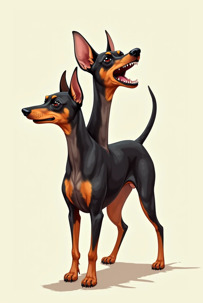 Generate a image of two dogs. One dog is 17kg white colour with black spots, short hair and bullterrier body build. Other dog is 13kg,this dog is skinny and tall black colour short hair hunting type of dog.