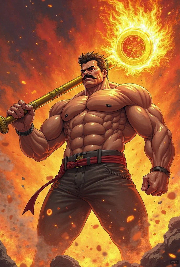 burly middle-aged man，his body is strong、muscular，He charges in the dark，He was wearing only a pair of underwear，A fire lit behind him，Fire condenses from his hands，He has red flame tattoos on his right shoulder and chest，barefoot，he is running.he has strong arms,Sexy, Uncle Handsome