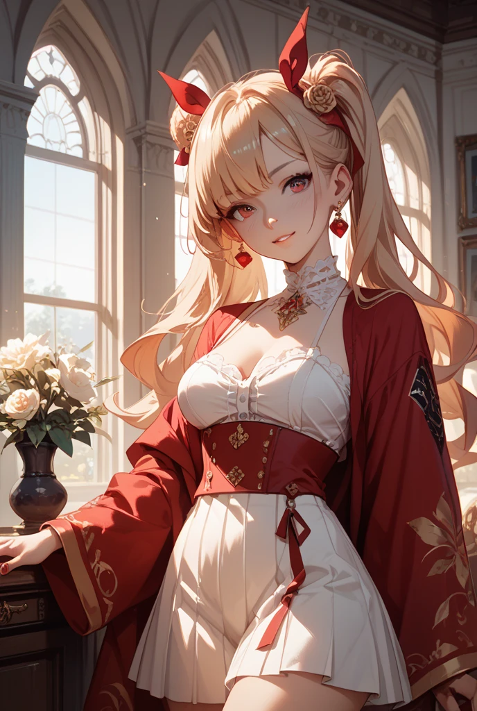 ((highest quality)), ((masterpiece)), (detailed), Perfect Face、blonde、One length、Side Tail、30 years old、sexy、look back、From above、From the back、A red dress with an open back、blush、Looking up