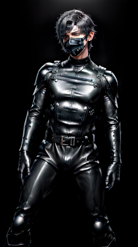 ((Final Fantasy taste reality graphics)), ((young, cute and cool ikemen boy)),,,his age is early 20s, thin eyebrows and beady eyes, ((he is wearing black shiny thin and coverall latex catsuit with front zipped up)),((catsuit is long sleeve)), ((put on black shiny and coverall full finger latex glove on both hands)),((catsuit,glove and corsets is very tight-fitting)),((black color long length race-up leather boots)),((also put on leather corset, with many belts, girth and both wrists)), ((((put on a black neck corset, vertical width is very long length and thick)))), ((cool atmosphere)),((dont show finger)),((boy is must no bare hands)),,((all clothes is smooth taxtrue)),((boy is average height and weight medium build)),(((((boy put on black leather human muzzle mask,covered from nose down with leather blindfold)))))