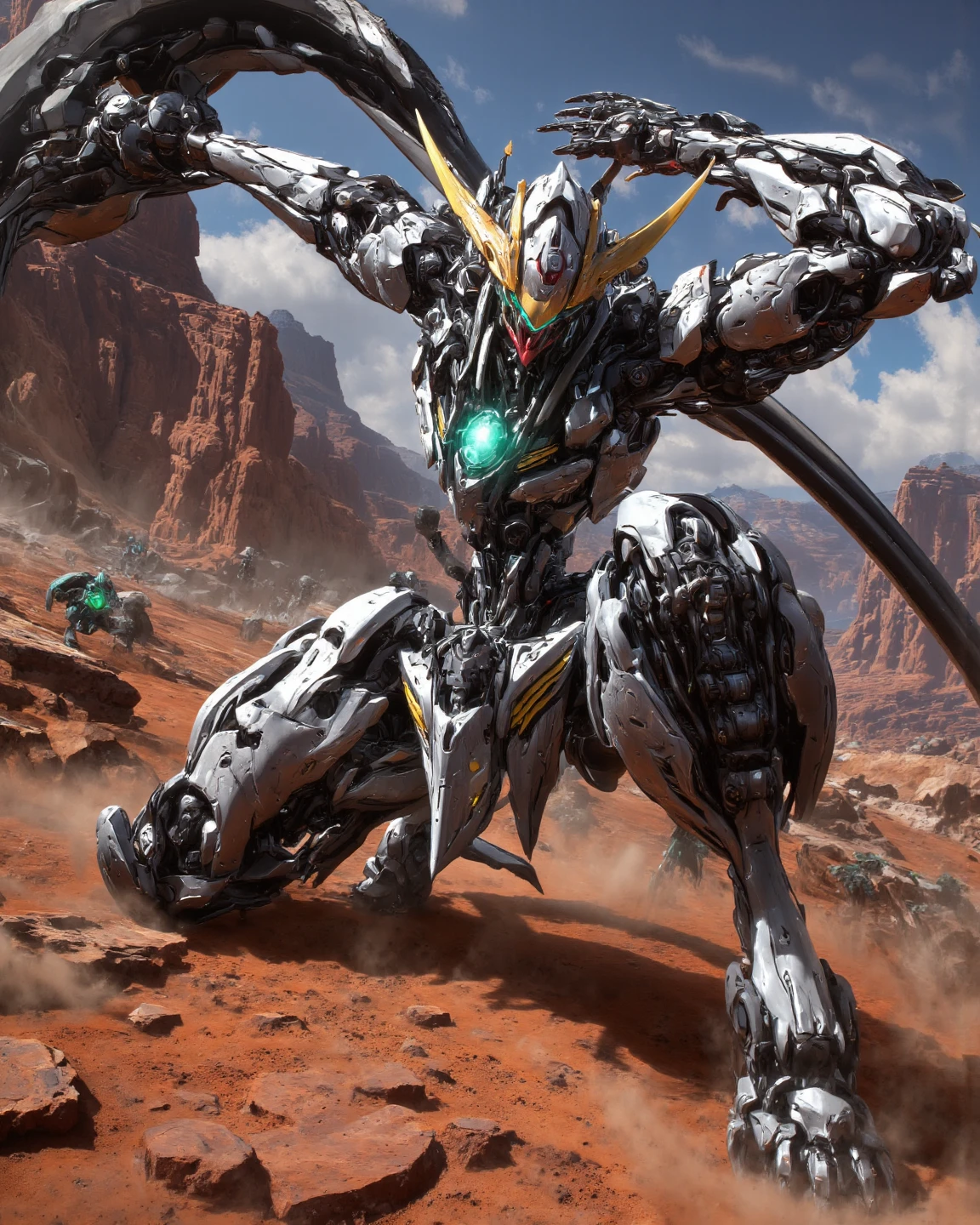 Hyperrealism, photographic, of an action scene with a dynamic angle shot, using Mech01, mecha, SCI_FACTOR_CORE. Gundam_Barbatos, B4RBAT0S, on a Martian battlefield, red sand, red canyons. Mobile Suit Barbatos is collecting energy for a final attack, lots of particle effects flowing into the torso of the mobile suit. On knees, arms open in a power pose. 