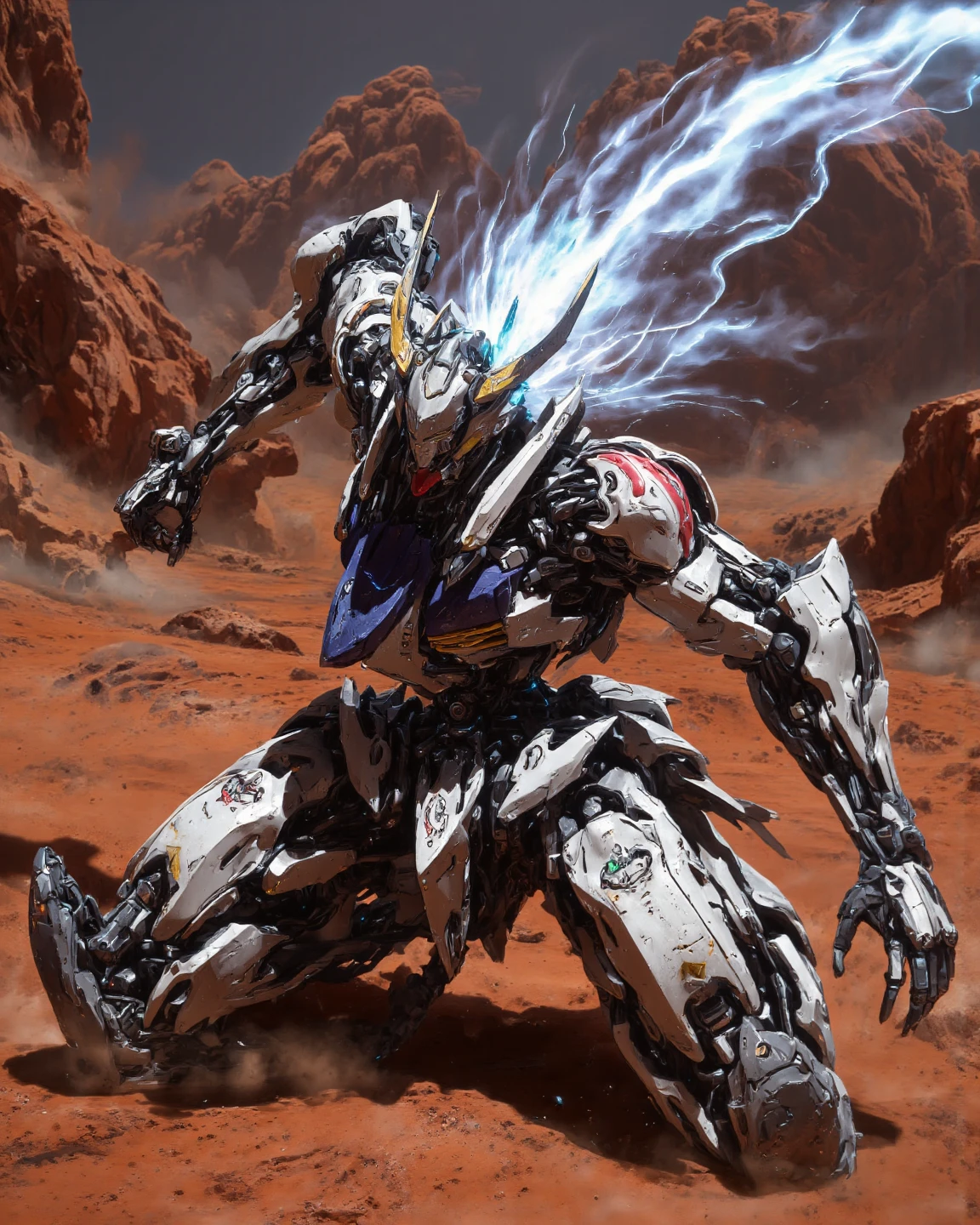 Hyperrealism, photographic, of an action scene with a dynamic angle shot, using Mech01, mecha, SCI_FACTOR_CORE. Gundam_Barbatos, B4RBAT0S, on a Martian battlefield, red sand, red canyons. Mobile Suit Barbatos is collecting energy for a final attack, lots of particle effects flowing into the torso of the mobile suit. On knees, arms open in a power pose. 