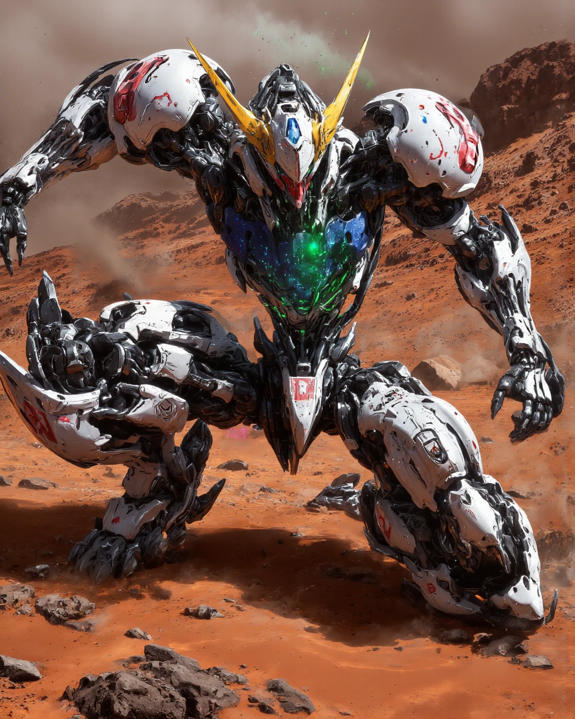 Hyperrealism, photographic, of an action scene with a dynamic angle shot, using Mech01, mecha, SCI_FACTOR_CORE. Gundam_Barbatos, B4RBAT0S, on a Martian battlefield, red sand, red canyons. Mobile Suit Barbatos is collecting energy for a final attack, lots of particle effects flowing into the torso of the mobile suit. On knees, arms open in a power pose. 
