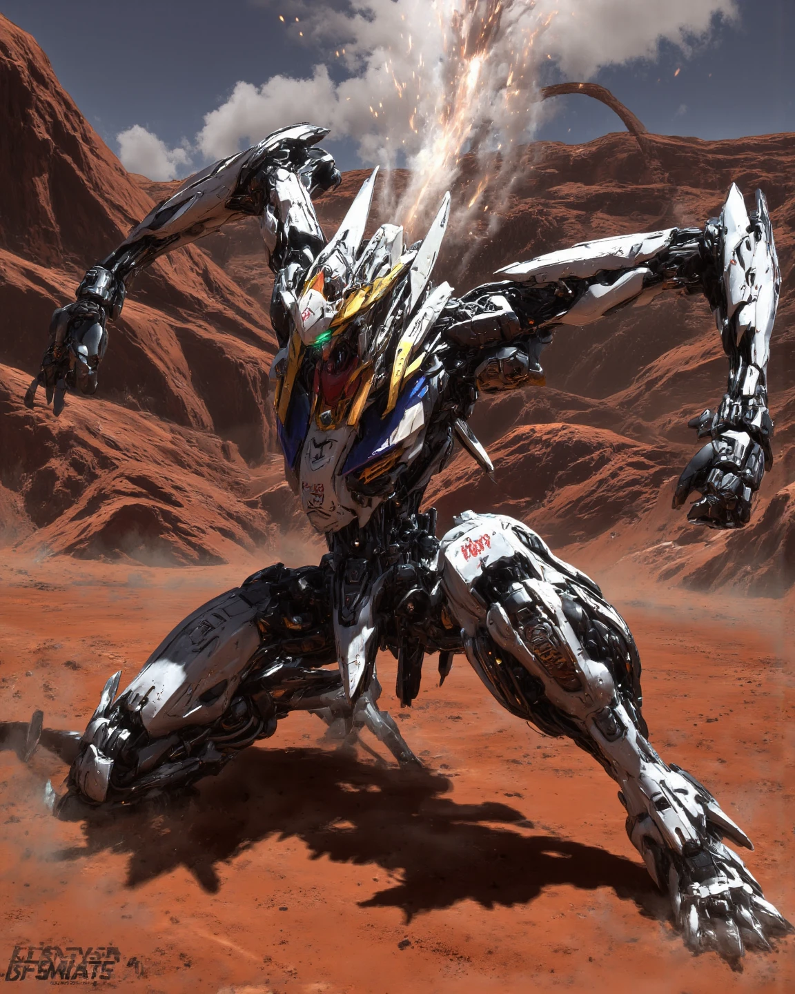 Hyperrealism, photographic, of an action scene with a dynamic angle shot, using Mech01, mecha, SCI_FACTOR_CORE. Gundam_Barbatos, B4RBAT0S, on a Martian battlefield, red sand, red canyons. Mobile Suit Barbatos is collecting energy for a final attack, lots of particle effects flowing into the torso of the mobile suit. On knees, arms open in a power pose. 