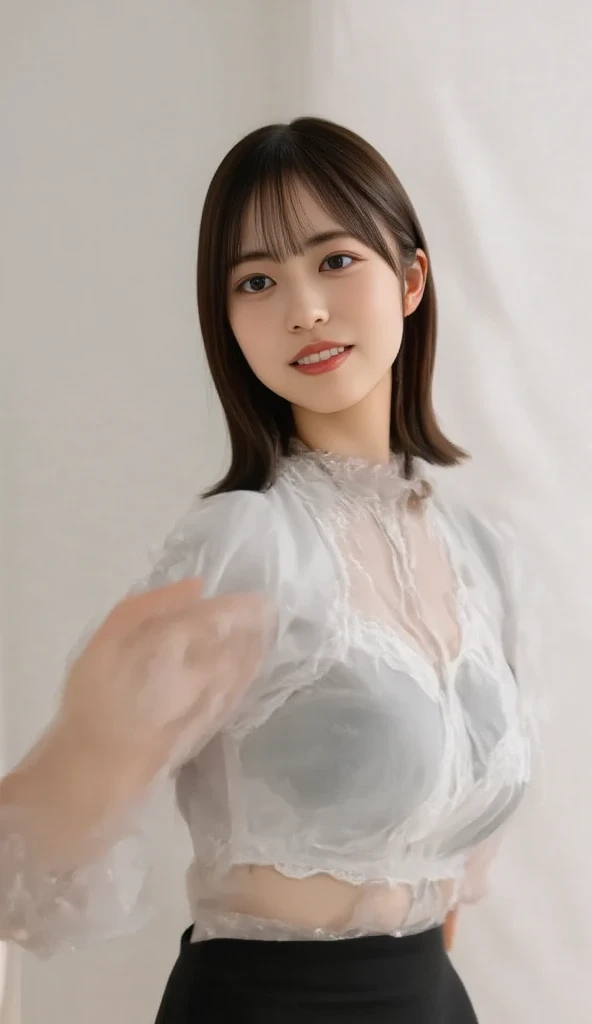 There is a woman smiling and taking a photo., Nude,belly button、Upper body composition、background、