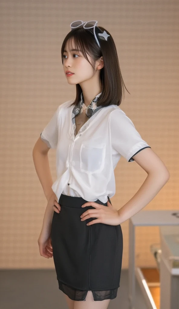 Pretty thai woman short hair , tomboy , (8k, best quality, masterpiece, ultra highres:1.2) Photo of Pretty thai woman beautiful, beautiful enchanting fashion contemporary painting with , (1girl), (white big size shirt short sleeves), ((black long pleated skirt )), belt , realistic skin texture , round chin, 85 mm art lens, f 1. 2, sharp focus, 8 k high definition, insanely detailed, intricate, elegant , mid breasts , long pleated skirt black skirt
