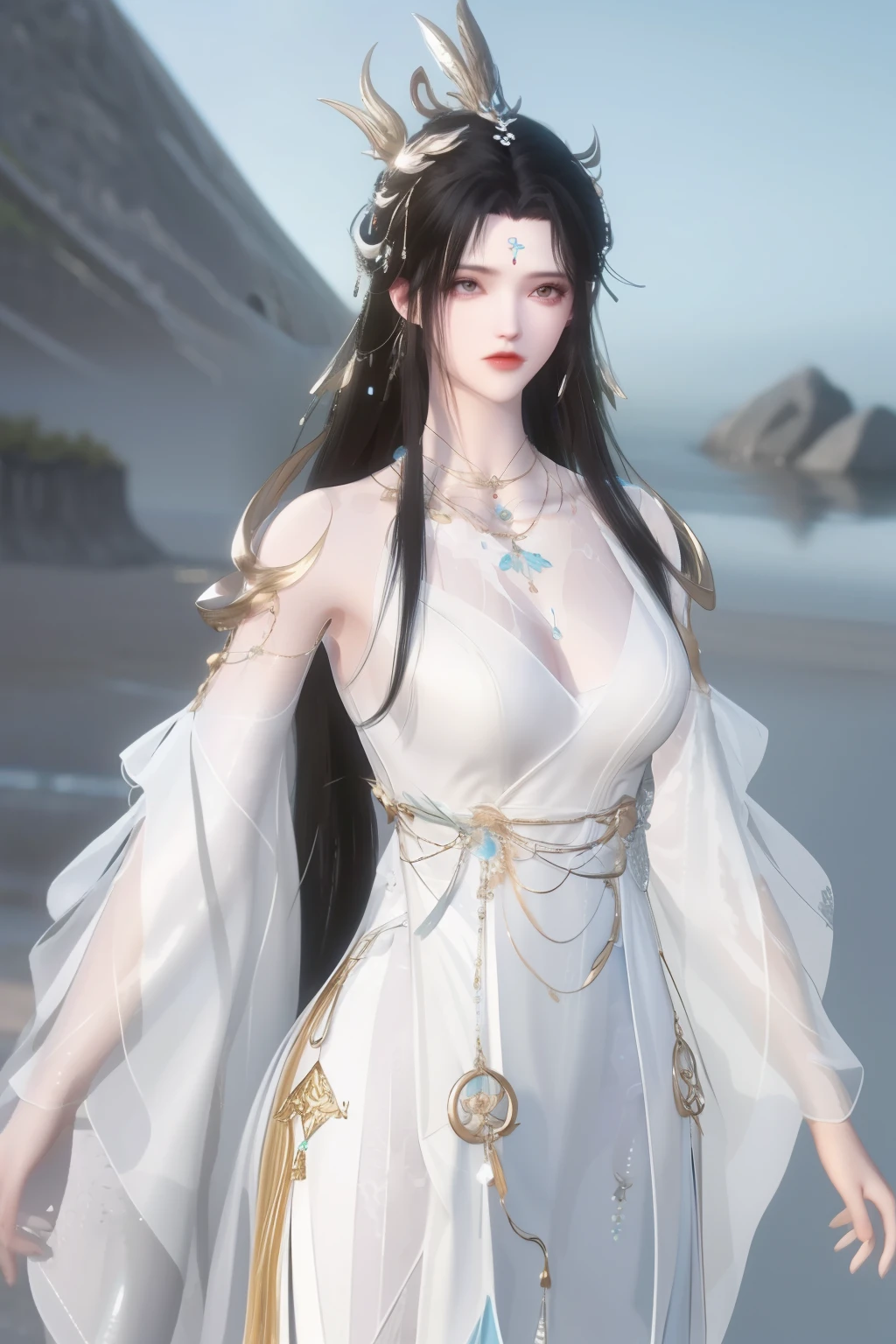 Create a majestic and graceful female fantasy character, tall in stature with long, flowing silver hair. The character is adorned in dark, intricate robes embellished with silver armor and celestial motifs. They hold two gleaming, elegant swords, poised as if ready for battle, while gesturing with one hand in a commanding manner. The setting should be a mystical landscape, with swirling mists and ancient trees, creating an atmosphere of power and enchantment. The scene should convey a sense of ancient magic and wisdom.