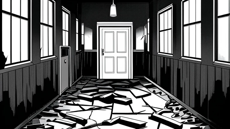 Make a room, with a dark apocalyptic setting, In this room there is a person looking at the door and wearing a backpack on their back., at the door there are 2 rotting zombies with exposed wounds and the zombies' eyes are yellow.