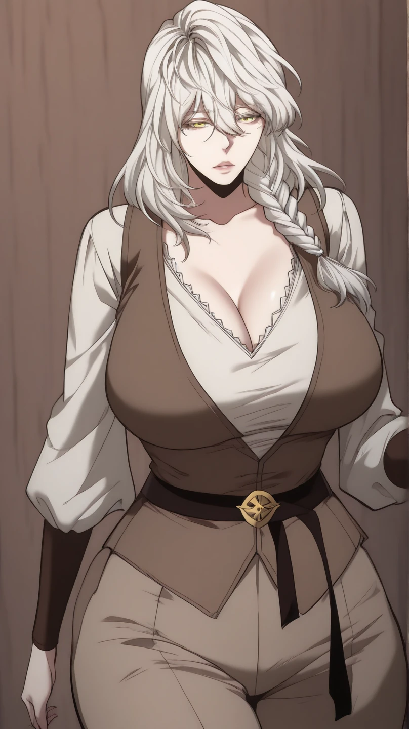 Cute Farmgirl with Braids. ((White haired woman, milf woman, long hair, elf ear)), Perfectly round face. Beautiful cute face, Big beautiful voluptuous lips, charming beauty, ((gentle expression on your face)), ((Beautiful Big, detailed yellow eyes)), Waist slender, Broad Hips ((adventurous outfit, black blouse, leather pants, waist long)) (highy detailed)),offcial art, Award-winning digital painting, digital illustration, extreme detail, 4K, ultra HD, Rococo, polished, intrikate, realistic fantasy art, sharp focus, conceptual artwork, arte por WLOP, artgerm, (2D vector illustration) Lumiere, airy, hourglass figure. ellie bamber