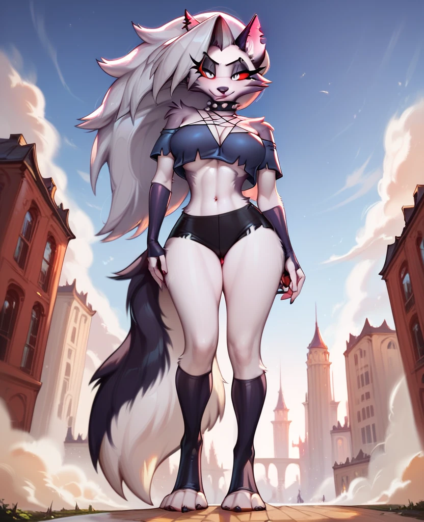 Wolfie, hells, girl1, solo, smiling, leather pants, furry, hair, ears, (best quality 1.2)(Masterpiece 1.2)full body, park