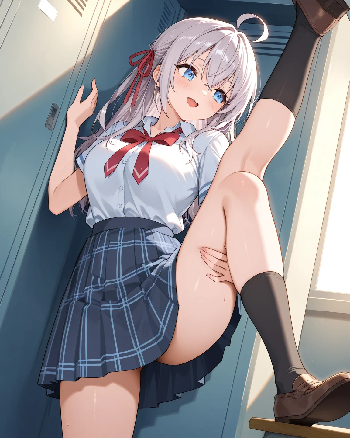 smile, school uniform, put off pant, spread her legs wide apart, open mouth, double penetrate her pussy from behind , creampie, at school, nsfw