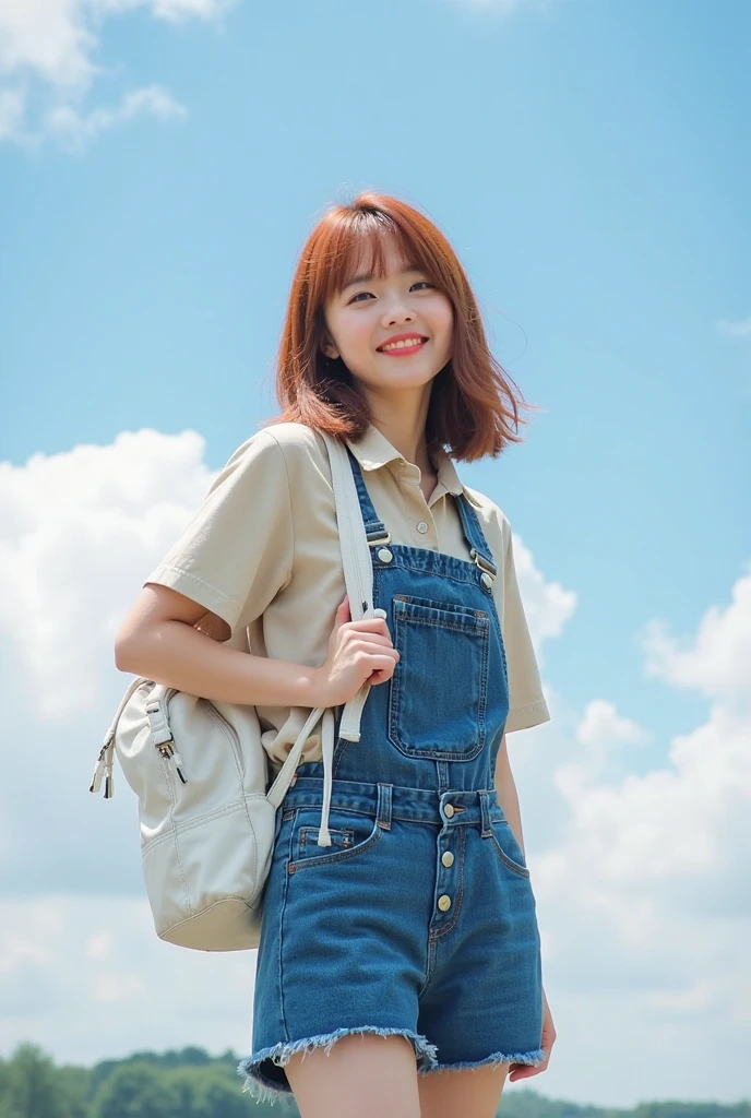 18 year old female high school girl standing on the stairs of school,white shirt,blue and red plaid miniskirt:1.5,best smile,white panties:1.5,blonde with short cut:1.5,Side waves with a short cut,Carrying a black rucksack,butt exposed:1.5,