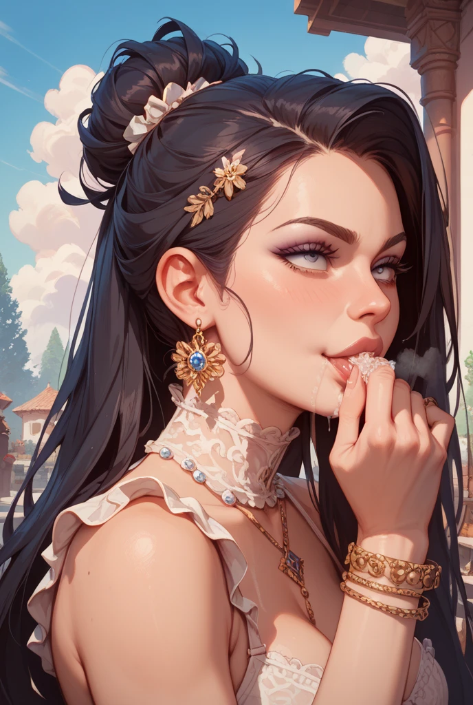 erotic lingerie，antiquity，une fille de beauté，Grosse poitrine，Dans le donjon，chains，cheval en bois ,break making fallatio,open mout break, ad cum,cum on her face ,cum everywhere,cum on her, excessive cum, alot of cum,cum is white, 